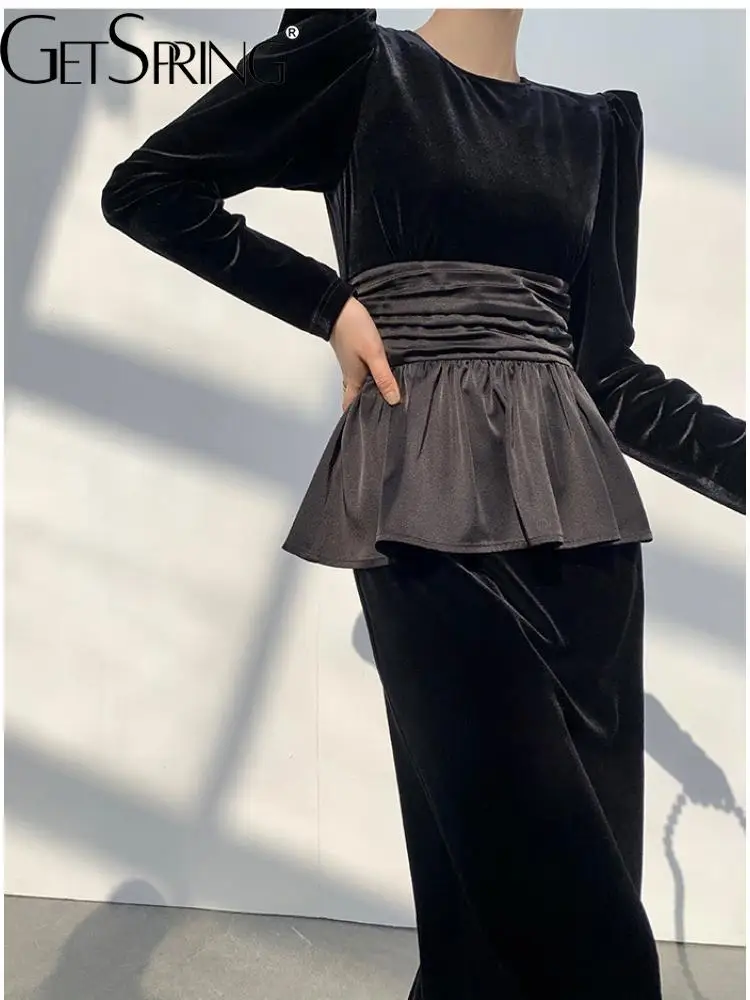 

GetSpring женское платье сезона осень-зима 2022 года, черное бархатное платье в стиле ретро с пышными рукавами и высокой талией, темпераментное то...