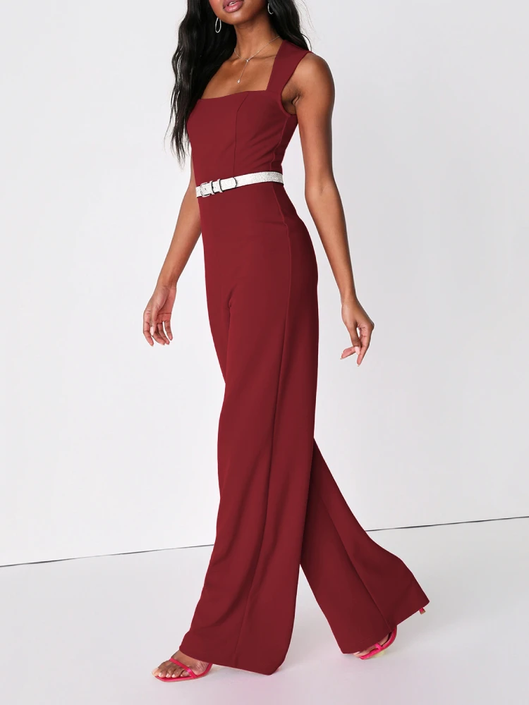 Women's Jumpsuits Summer Elegant Square Collar Sleeveless Jumpsuit Party Work Solid Color Wide Leg Pant Female Jumpsuit Overalls