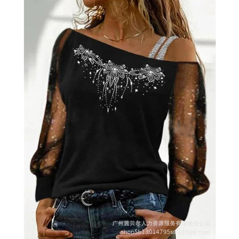 

Женская элегантная Осенняя Свободная рубашка Mandylandy, модная повседневная сетчатая блузка с длинными рукавами-фонариками и открытым плечом