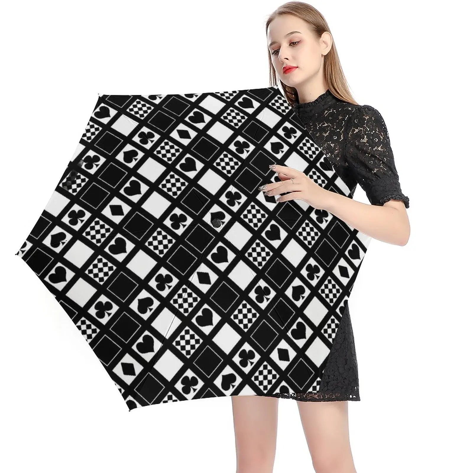 

Casino Playing Cards Pocket Umbrella Hearts Crosses Print Umbrella Portable Sun and Rain 5 Fold 6 Ribs Umbrellas for Male Female