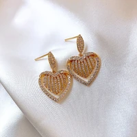 elegant hollow rhinestone heart stud earrings for women korean trendy cubic zirconia earrings female wedding party jewelry new
