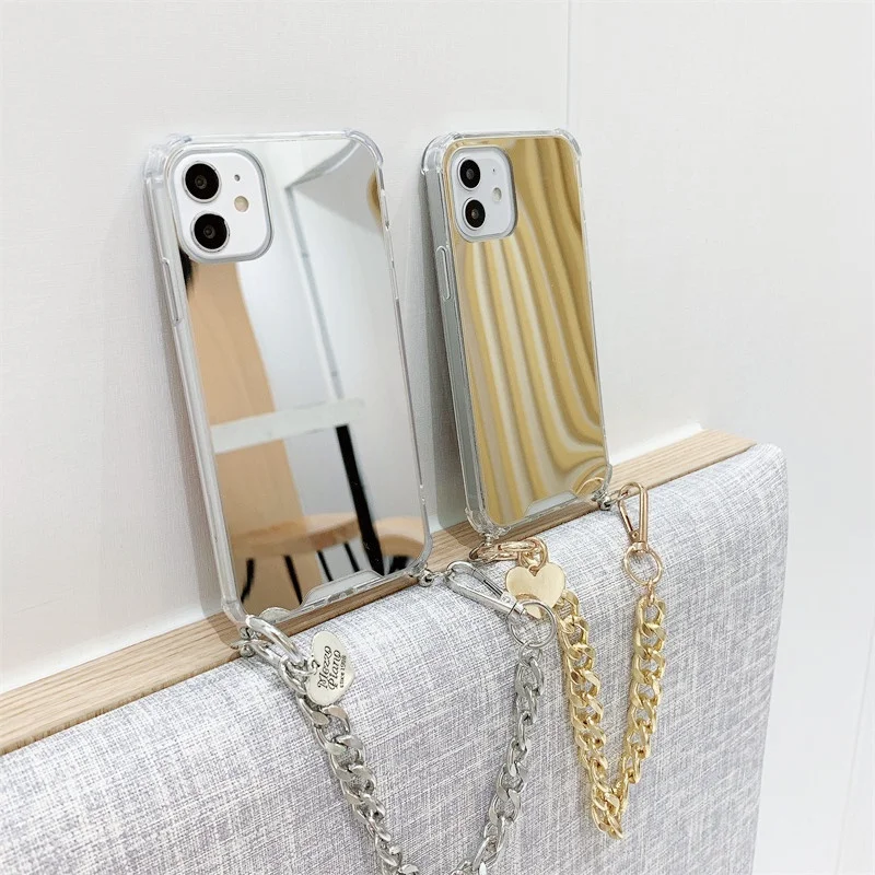 

Mirror Love Bracelet Chain Cell Phone Case for iPhone 13 12 11 pro XS MAX XR 6 7 8 Plus SE Lanyard Crossbody Neck Strap Cover