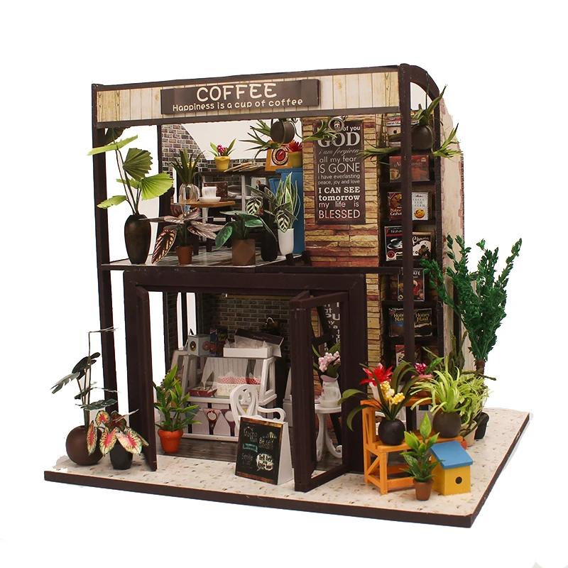 

DIY Wooden Doll Houses Coffee Store Casa Miniature Building Kits with Furniture Light Dollhouse Toys for Friends Birthday Gifts