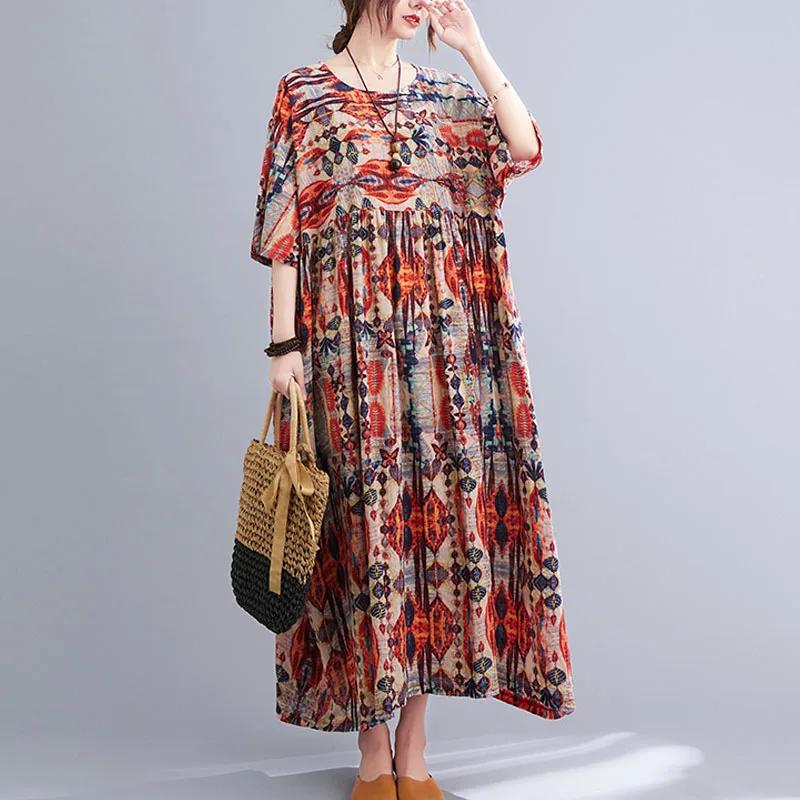 

Платье женское из хлопка и льна, с коротким рукавом и принтом