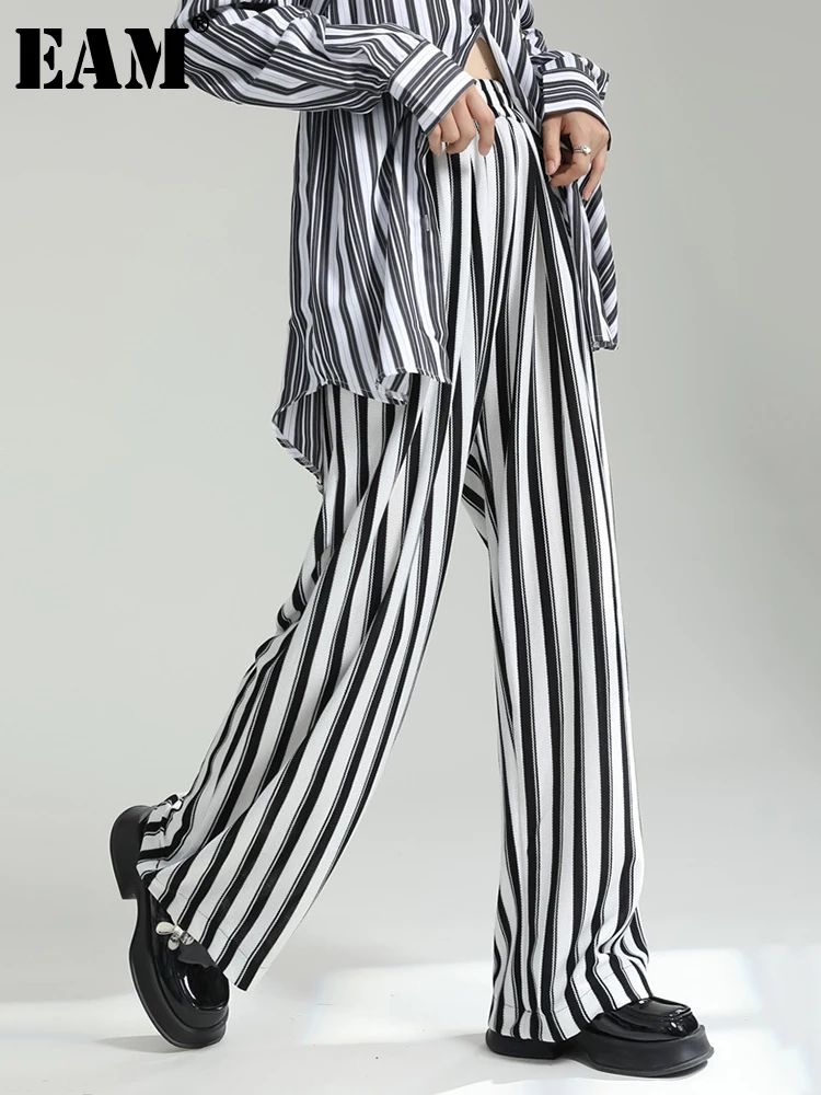 

[EAM] High Elastic Waist Striped Long Wide Leg Pants New Loose Fit Trousers Women Fashion Tide Spring Autumn 2023 1DF7206
