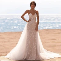 queen luxury mermaid wedding dresses sleeveless tube top detachable train 2 in 1 lace applique bridal gowns tailor custom made