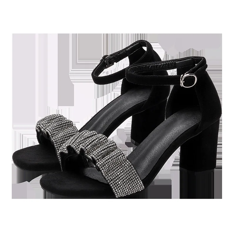 

New 2023 Summer Fashion Sandals Sexy Rhinestone Buckle Strap PU 7CM Square heel Korean Style Dress Sandals Women Shoes black