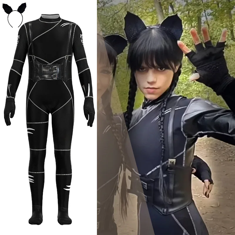 Ears Headband Outfit Catsuit Halloween Party Suit For Kids Girls Costum