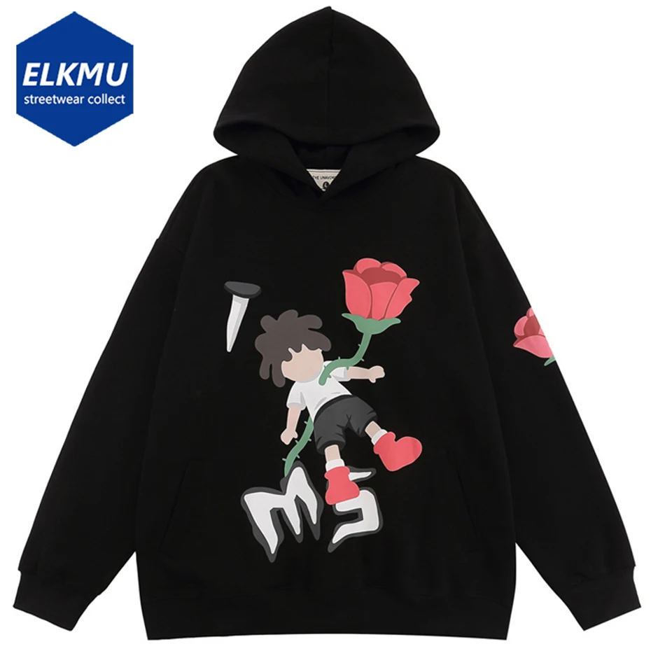 

Hip Hop Men Hoodies Harajuku Cartoon Boy Rose Floral Graphic Print Hooded Sweatshirt Streetwear Fashion Casual Oversize Pullover