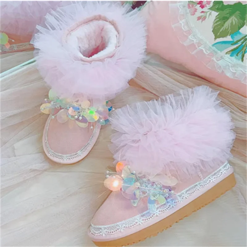 Розовые зимние сапоги с блестками и бисером сетчатые кружевные ручной работы на