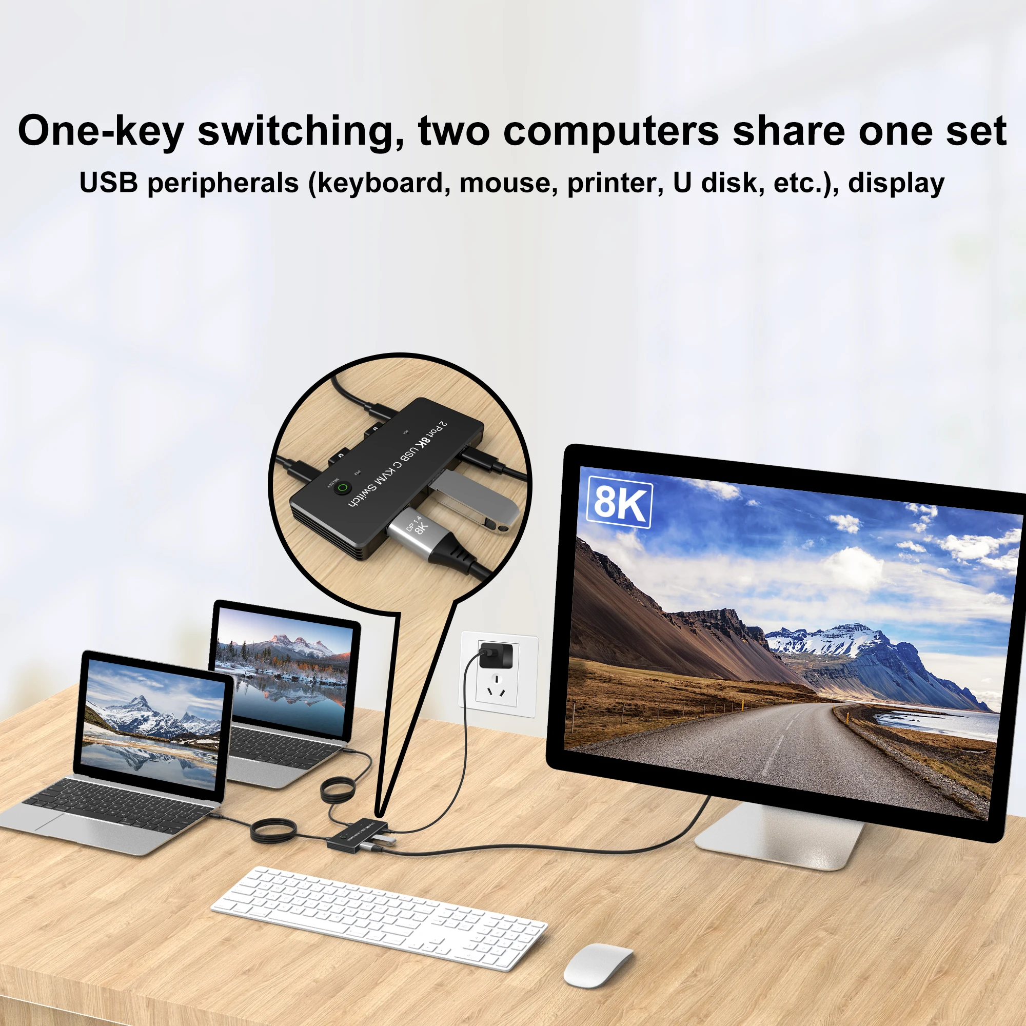 Фото KVM-переключатель USB C, 2-портовый KVM-переключатель 8K, 8K, 60 Гц, 4K при 144 Гц для 2 ноутбуков, монитор с выходом видео USB-C — DP1.4 и концентратором для передачи данных 3xUSB2.0 №4