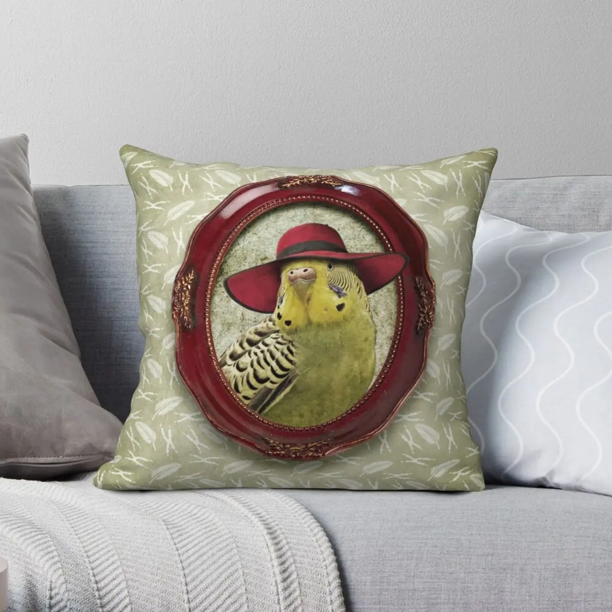 Green Budgie In Red Hat Square Pillowcase Polyester Linen Velvet Creative Zip Decor Throw Pillow Case Room Cushion Cover