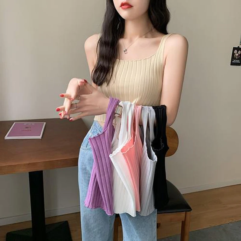 

Y2K Women Clothes Summer Casual Solid Color Tank Top Female Wide Shoulder Ribbed Knitted Cotton T-shirt Sleeveless Basic Tees