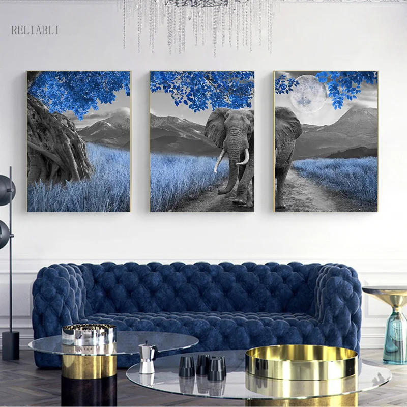 

Плакаты слона синий домашний декор, декор для гостиной, постер с рисунком на холсте, картина для дома, настенное искусство, домашний декор