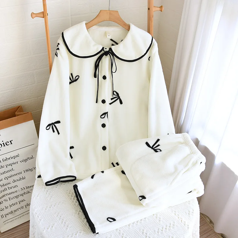 Фланелевой осенне-зимний комплект одежды для сна женщин с утолщенным и теплым