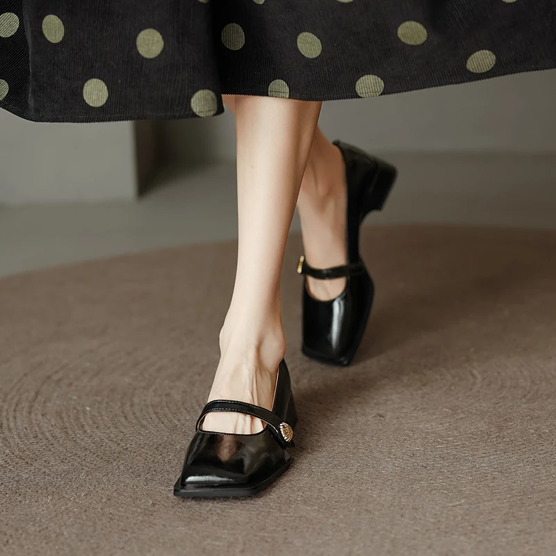 34-40 large size silver women's shoes cow leather middle heel thick heel square head sheepskin insole buckle lace women's shoes