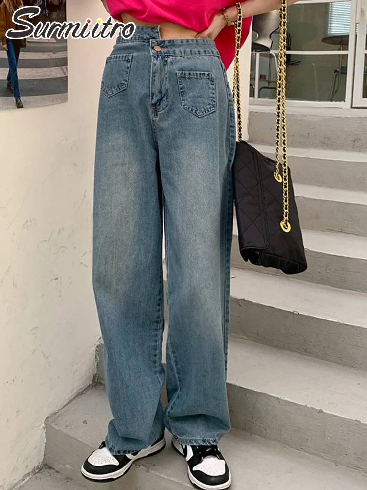 

SURMIITRO 2022 Fashion Loose Wide Leg Boyfrind Mom Jeans Women Irregular High Waist Denim Long Pants Female