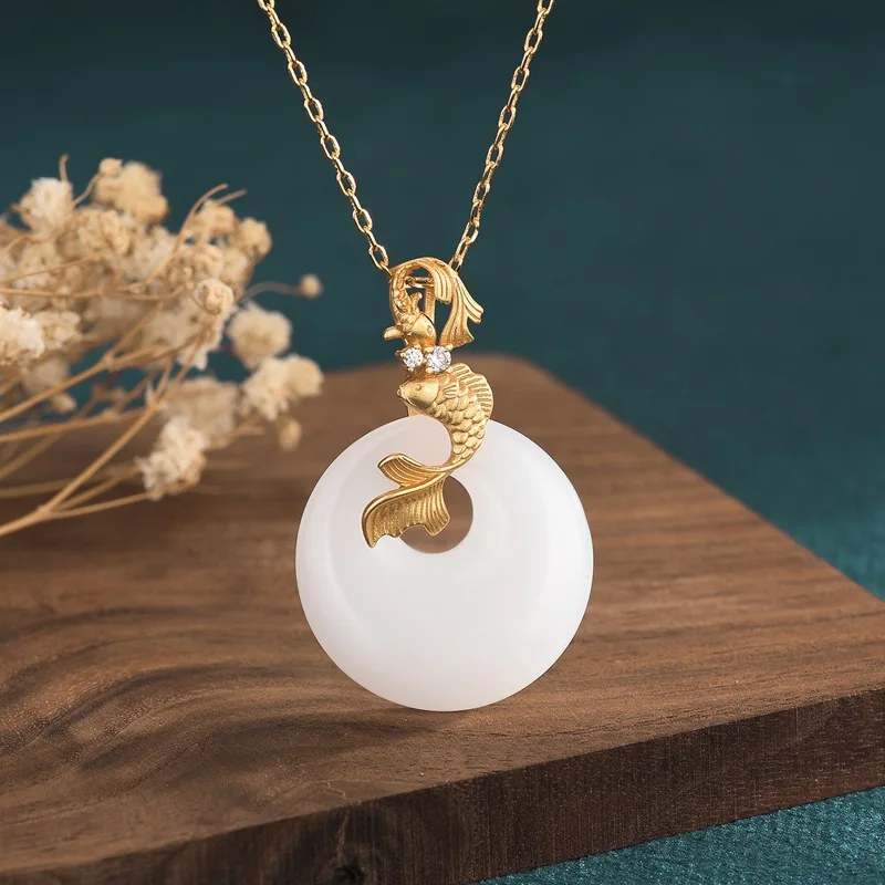 China Style Retro Jade Ring Necklaces for Women Two Koi Fish Inlaid White Jade Zircon Gold Pendant Clavicle Chain Necklace Gift