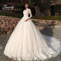 luxury wedding dresses long sleeve o neck 3d three dimensional flowers charming gowns royal train vestidos de novia tailor made
