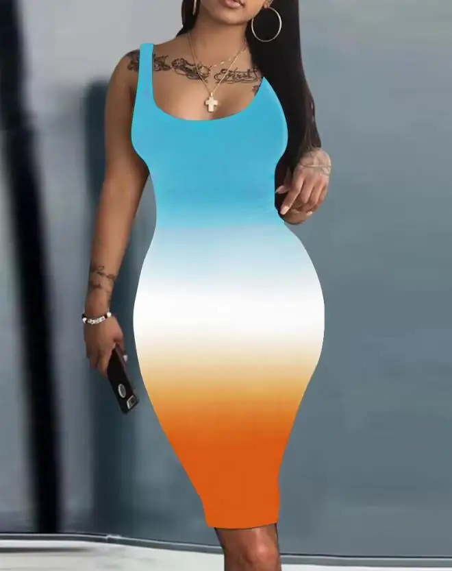 

Elegant Dresses for Women Sexy Ombre U-Neck Sleeveless Bodycon Skinny Mini Dress New Fashion 2023 Summer Casual