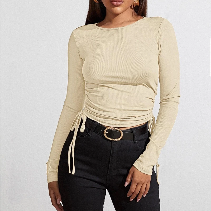 

2021 Fashion Women's New Autumn Round Neck Pleated Pullover Long-sleeved T-shirt Drawstring Slim Short Solid Color Casual Top