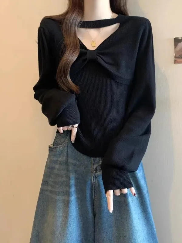 Вязаная женская вязка с бантом и v-образным вырезом осень-зима 2024 большие размеры