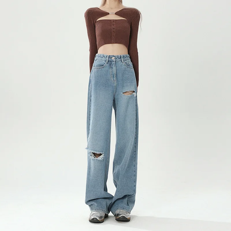 

2022 Spring Summer New Fashion Ripped High Waist Washed Loose Jeans Women's Wide Leg Pants