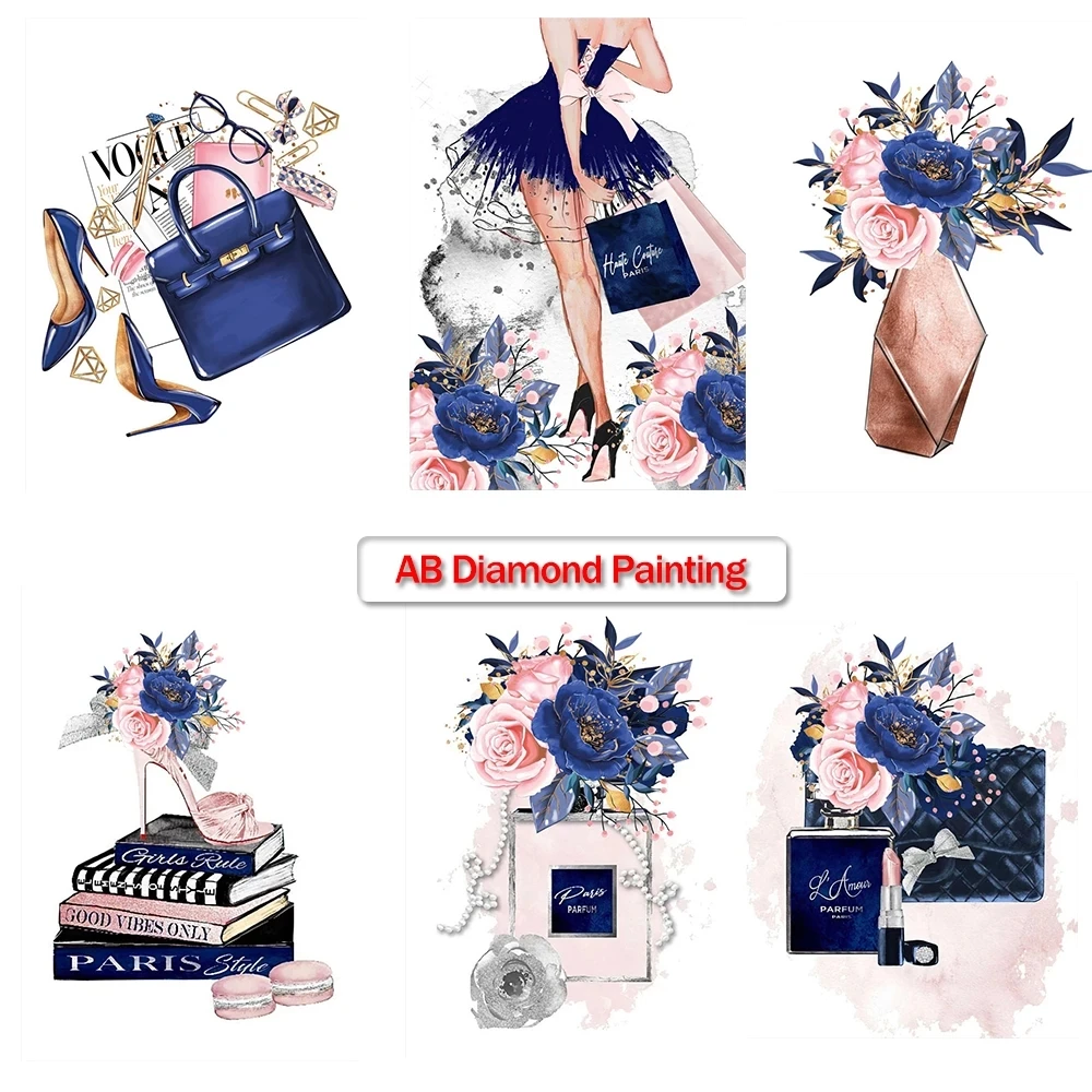 

AB Drill Diamond Painting Blue Skirt Fashion Girly Nail Polish Inlaid Rhinestone Embroidery Flower Art Wall Painting Decoration