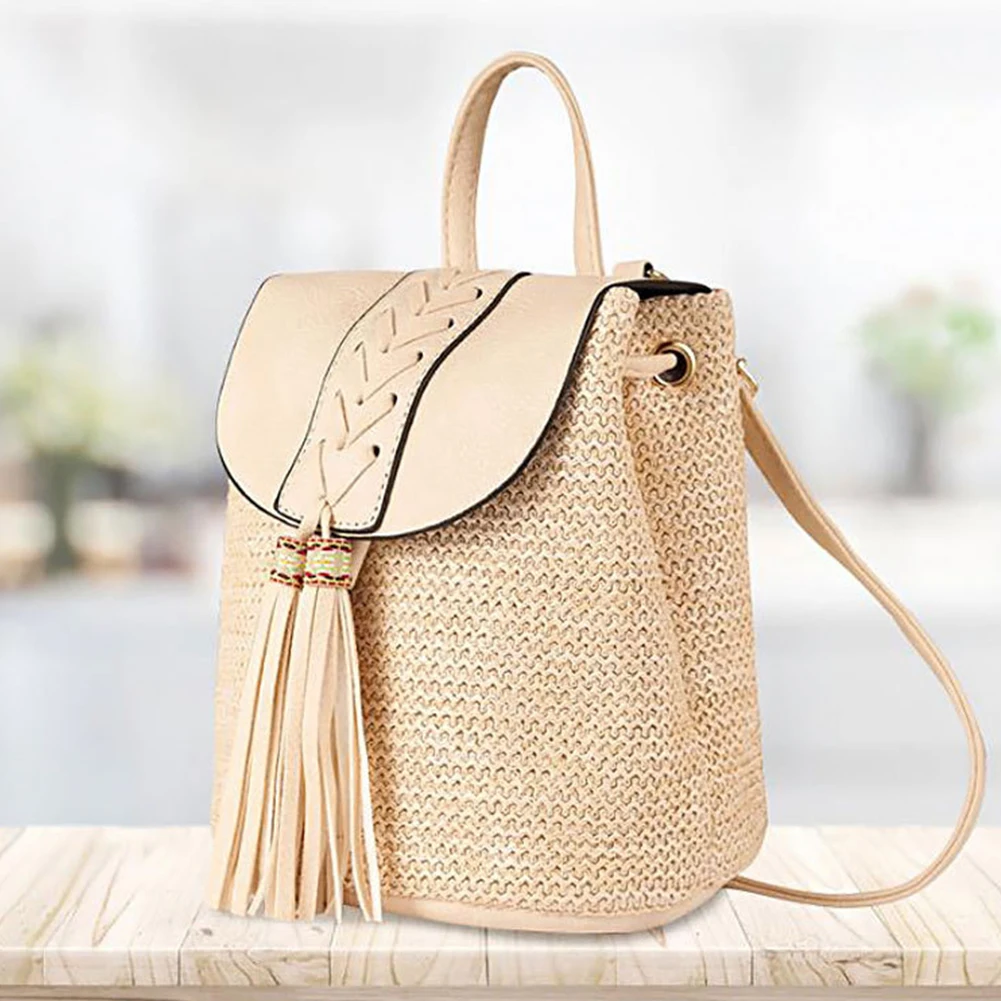 

Straw Woven Backpack Women Summer Beach Fashion PU Tassel Travel Shoulder Bags for Women Storage Handmade Tote