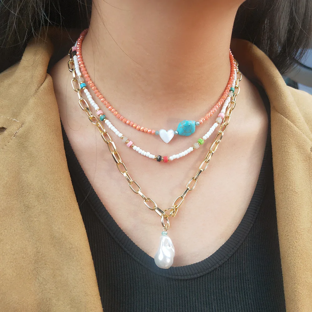 

Gemstone Love Gold Color Pearl Necklace for Women, Bohemian Beaded Necklace, Clavicle Jewelry, Chain, Necklace, Korean Fashion