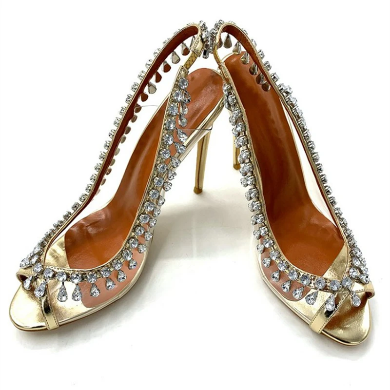 European and American women's new fish mouth high heels transparent rhinestone stilettos fashion banquet shoes