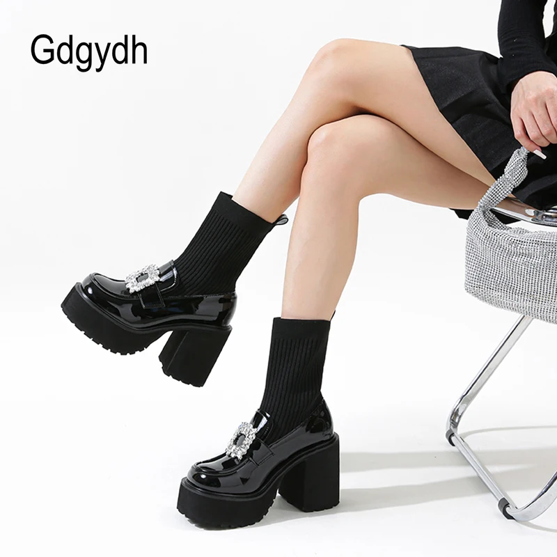 Gdgydh Rhinestone Platform Mid Calf Boots Chunky Heels Patent Elastic Sock Boots Slip On Comfortable Lolita Shoes for Student