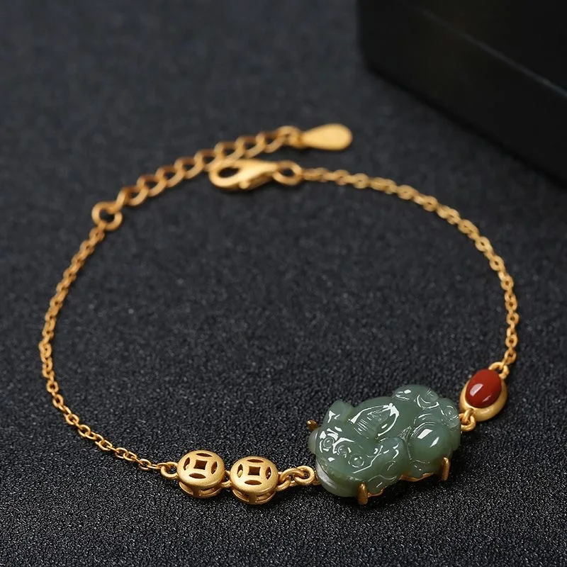 

Natural 925 Silver Inlay Hotan Jade Pixiu Bracelet Bangle Charm Jewellery Fashion Accessories Hand-Carved DIY Woman Luck Amulet