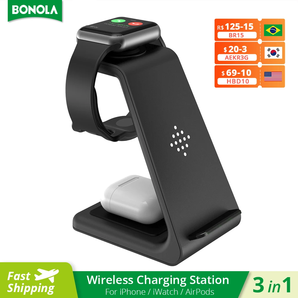 

Bonola Desktop 3 in 1 Wireless Charging Station for iPhone 8/11/XS Max Qi Wireless Charger for Apple Watch 7/6/5/Airpods Pro 3