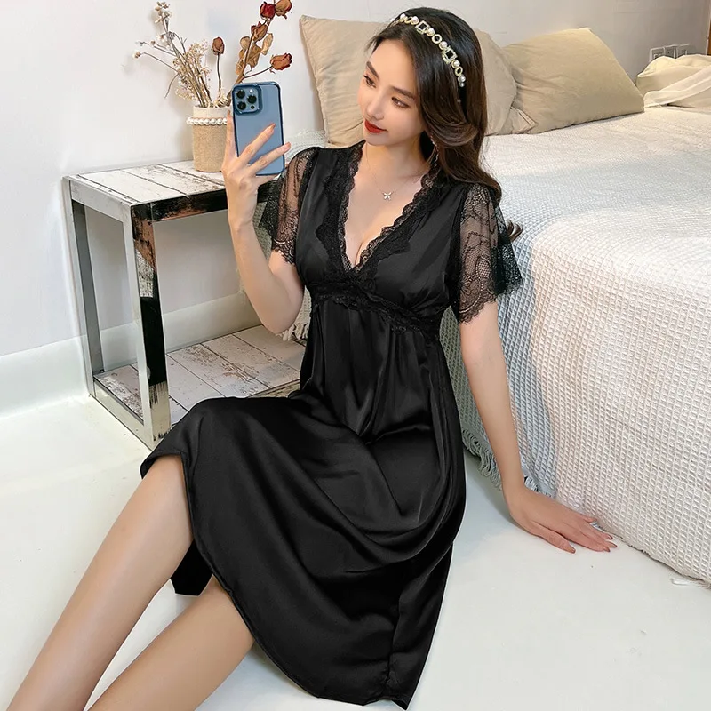 

Summer Women Nightdress Sexy Lace Bride Lingerie Nightgown Long Sleepshirts M-XL Rayon Home Dressing Princess Home Clothing