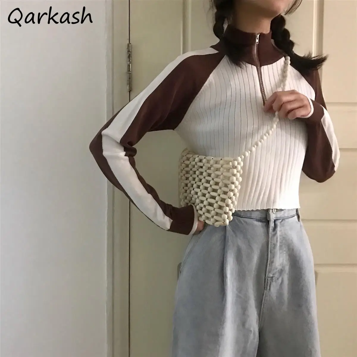 

Long Sleeve T-shirts Women Stand Collar Korean Style Streetwear College Trendy Patchwork Design Crop Top Spring Teens Casual Ins