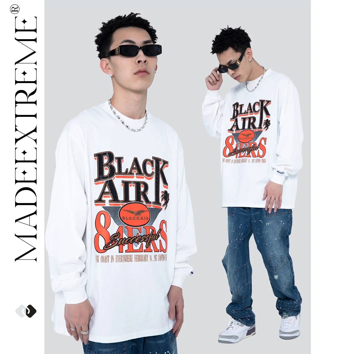 

MADEEXTREME vintage street print oversized cotton long sleeved t shirt men 2022 spring new oversized harajuku shirt casual tees