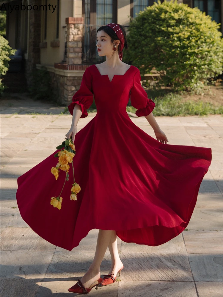 

Женское длинное платье с квадратным вырезом, черное или красное винтажное элегантное платье принцессы с широким подолом и коротким рукавом...