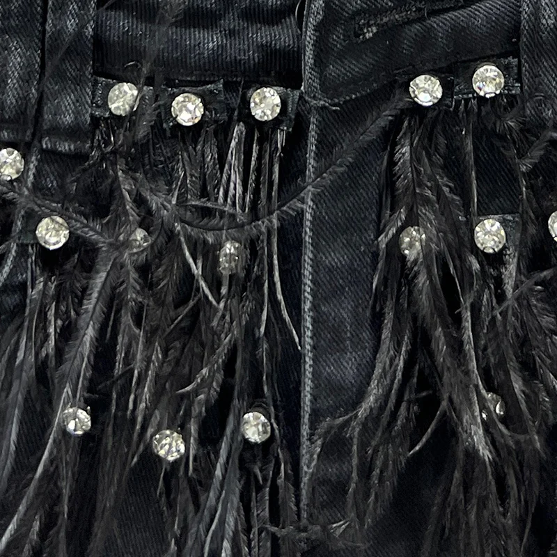 Exquisite Rhinestone Hot Pants Women 2023 New Summer High Waist Shorts Slimming Women's Denim Shorts Tassel Wide-Leg Pants