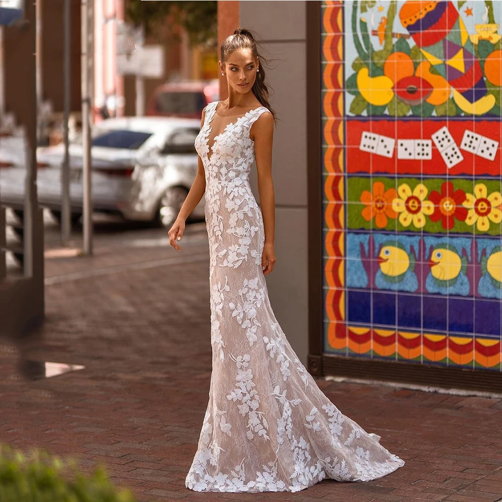 

Classic Bride Gowns O-Neck Sleeveless Zipper Backless Neckline Lace Floral Appliques Wedding Dress Trumpet Vestido De Noiva