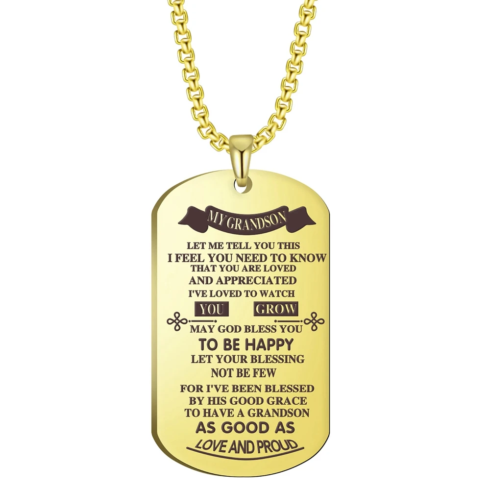 

2 Colors Gold Color Steel Color 28x50mm Blessing Words Plaque To My Grandson Pendant Necklace With 60cm Box Chain