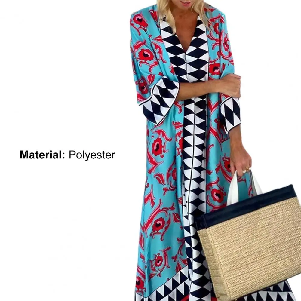 

Summer Dress Bohemian V Neck Printing Loose Fit Long Dress for Holiday
