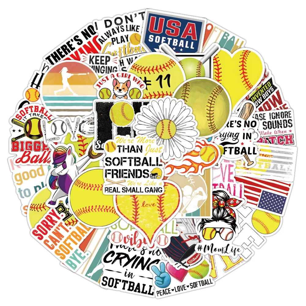 

50Pcs Softball Sports Cartoon Graffiti Stickers Baseball Athletic Competition Decals DIY Scrapbook Laptop Phone Car Water Cup