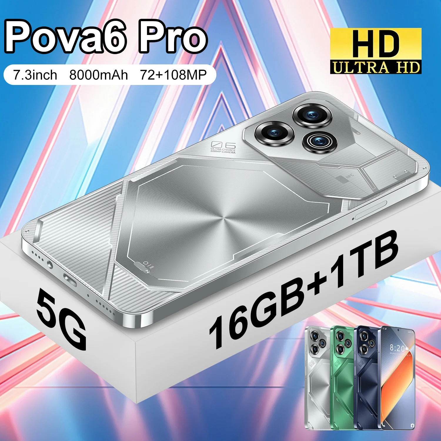 Горячий новый смартфон Pova 6 Pro 5G 8000 мАч 7 3-дюймовый экран высокой четкости 108 МП