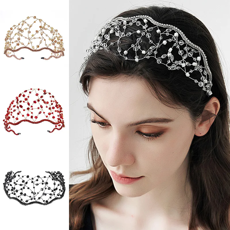 

Crystal Beaded Mesh Headband Bridal Wedding Wide-brimmed Hair Band Hair Cover Women's Metal Headbands Party Accessories
