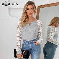 2021 autumn and winter new casual hollow lace sleeves round neck womens top long sleeves elegance leisure woman tshirts