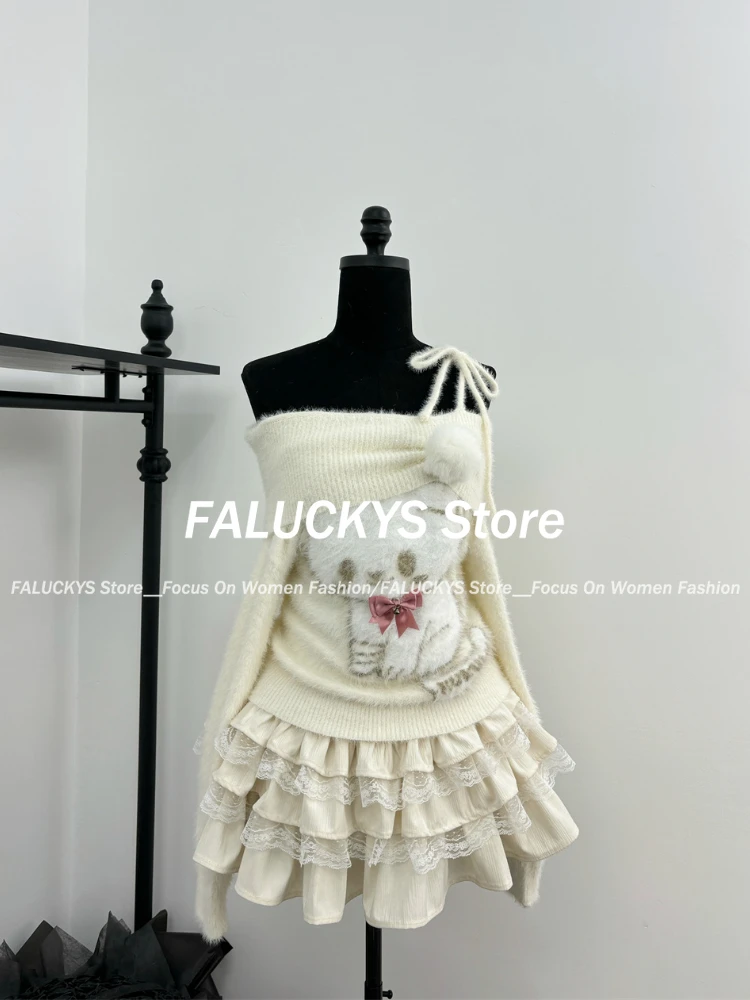 Женский комплект из 2 предметов свитер с бантом и мультяшным принтом мини-юбка Y2k