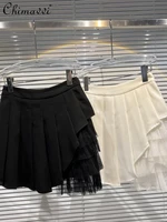2022 summer new hem mesh stitching fashion irregular pleated skirt womens versatile solid color slim fit short skirt for female