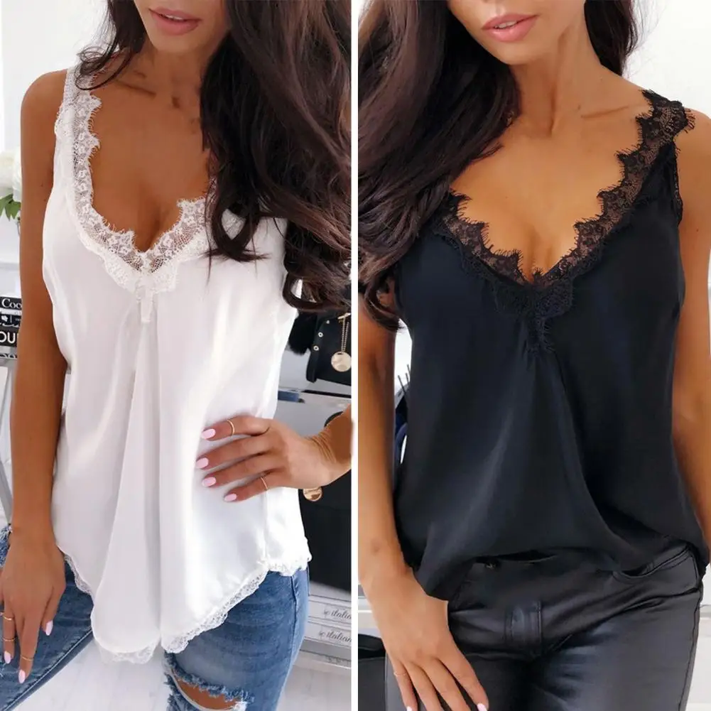 

Women Top Ladies Casual Vest Top Solid Color Lace Patchwork Leisure Summer Top Lace Basic Tank Tops Women's Clothing
