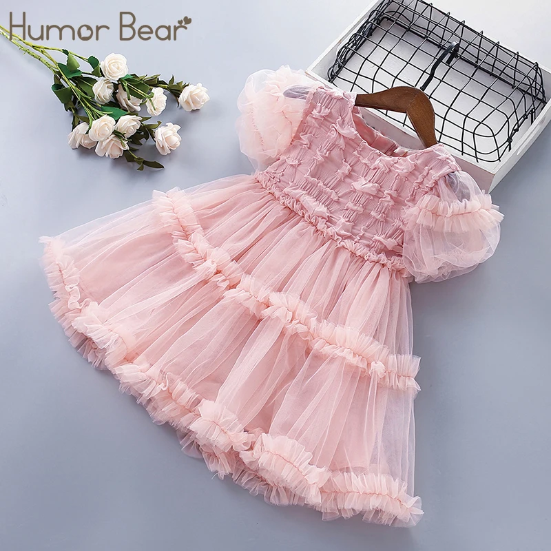 

Humor Bear Girl Dress Kids Clothes 2023 New Summer Bubble Sleeve Mesh Princess Dress Sweet Priness Party Dress For 4-7Y